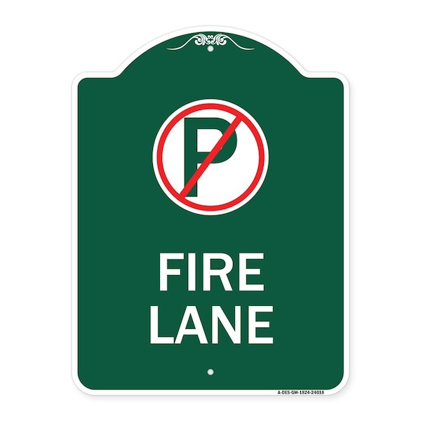 Fire Lane No Parking Symbol, Green & White Aluminum Architectural Sign, 18" x 24", GW-1824-24018